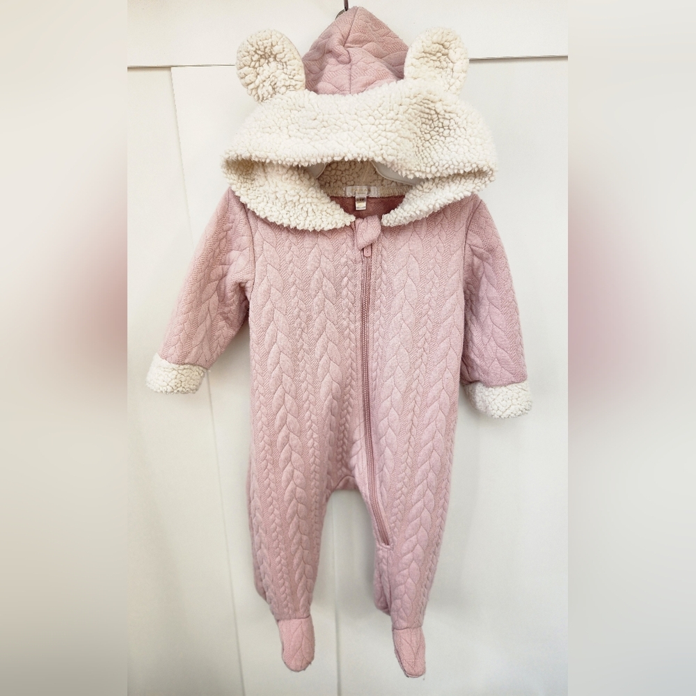 Baby Bunting Cable Knit Baby Footie with Bear Ears By Tahari 6-9 Months, Pink